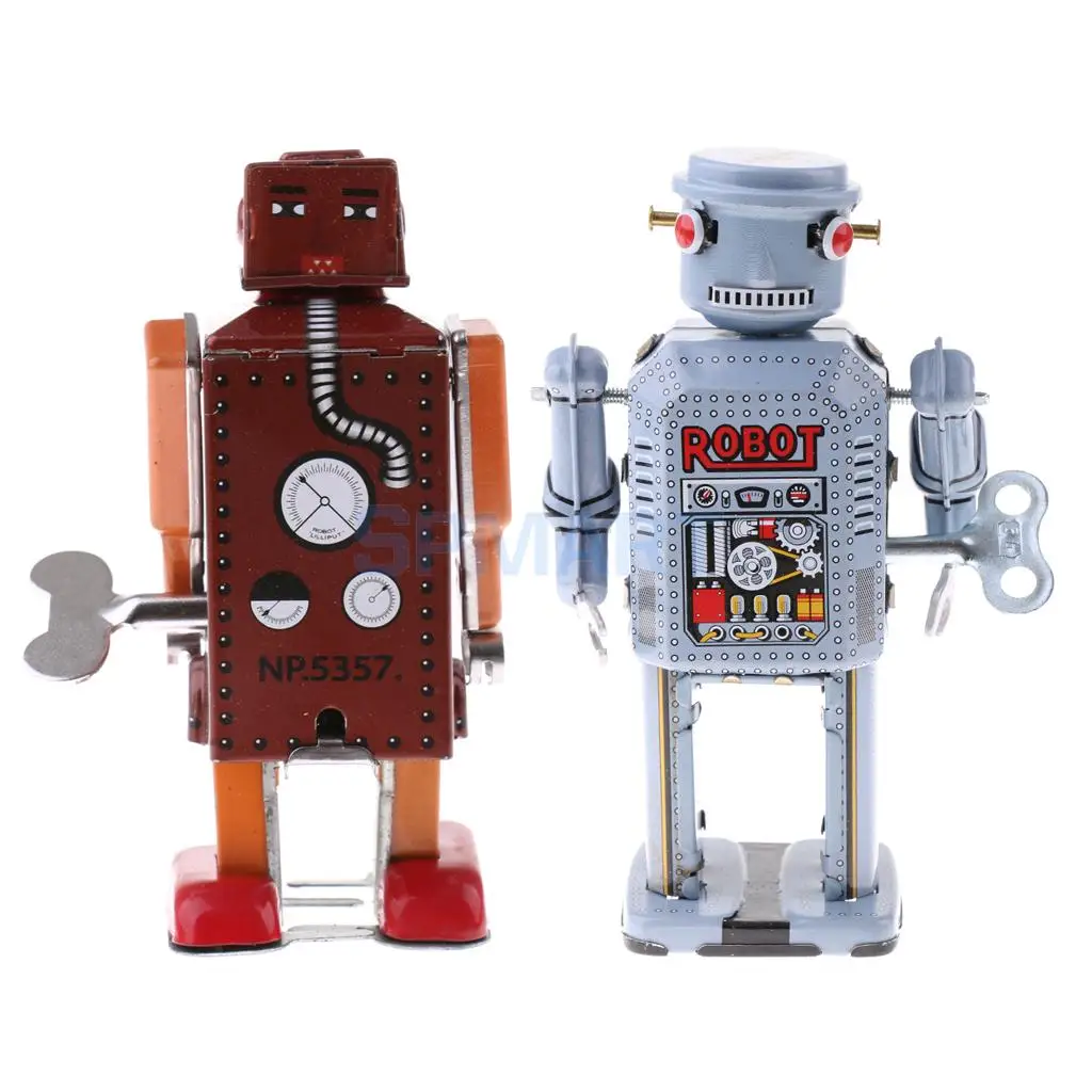 2pcs Vintage Wind Up Clockwork Mechanical Walking Robot Model Tin Toy