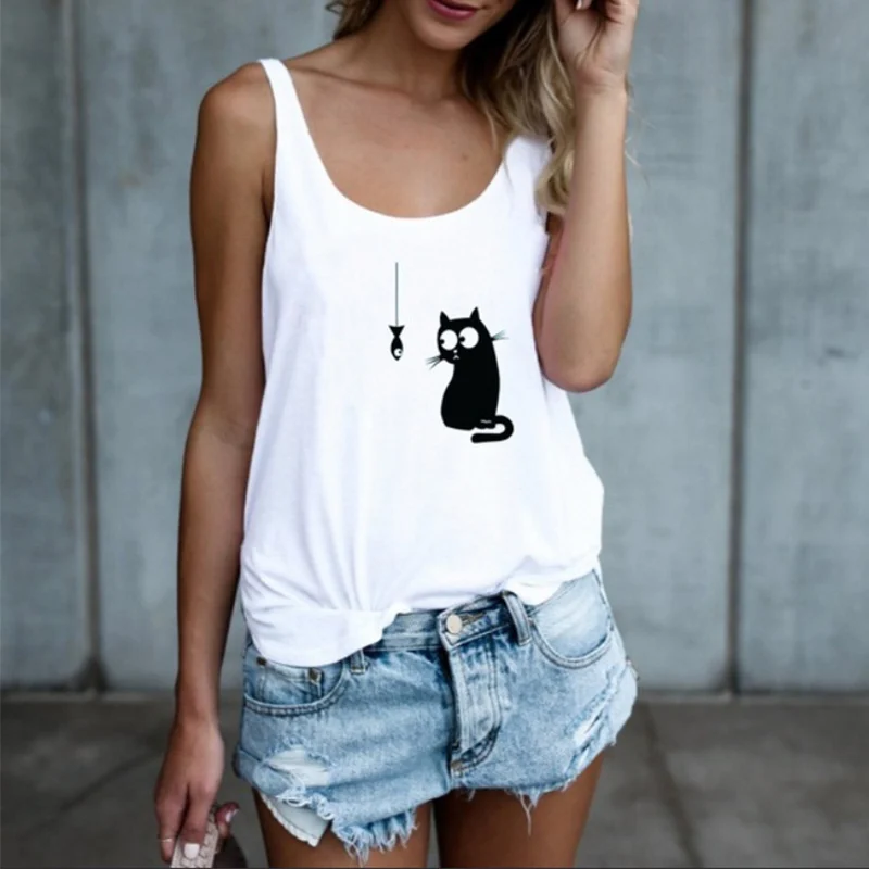 

Cat Print Women T Shirts Tops Sleeveless White Casual Ladies Vest T shirt 2019 Fashion Summer Cute Basic Female Clothes Top