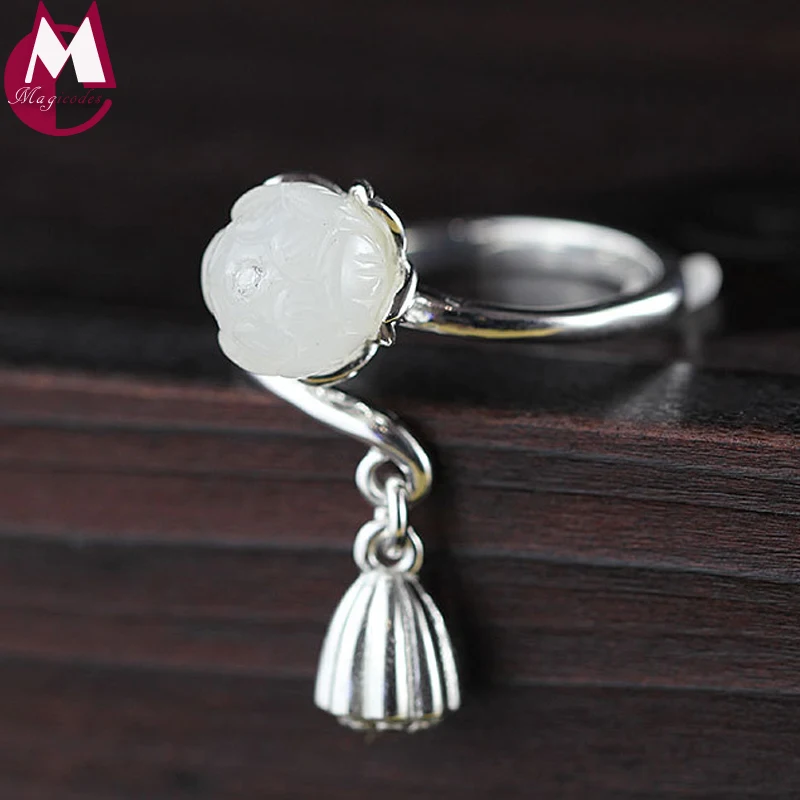Женское кольцо из серебра 925 пробы с натуральным нефритом И лотосом|gifts for march 8|gift