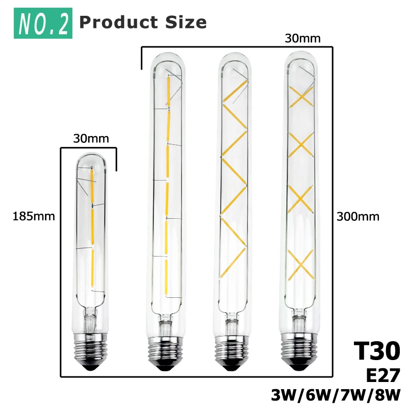 E27 Светодиодный светильник Эдисона, 3 Вт, 6 Вт, 7 Вт, 8 Вт, винтажный светильник Эдисона переменного тока 220 В, T30, COB светодиодный светильник накаливания, Ретро лампа