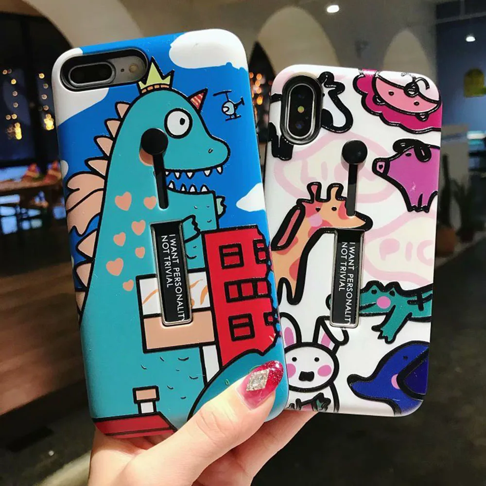 

3D Cartoon Cover For iPhone X Case Silicone Dinosaur Anti-Knock For iPhone 7 6 6S 8 Plus XR XS Max Hide Stand Holder Ring Coque