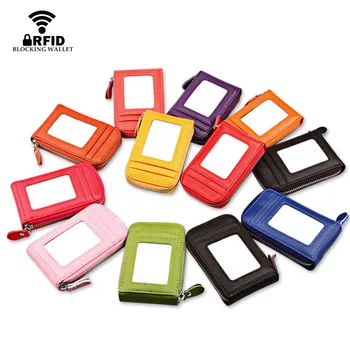 

BISI GORO 2020 Unisex Genuine Leather Zipper Credit Card Holder ID And Card Case 11 Color Blocking Card Wallets With RFID