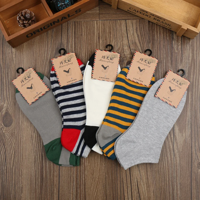 Cotton mens ankle socks Solid color with Stripe One size men socks fit