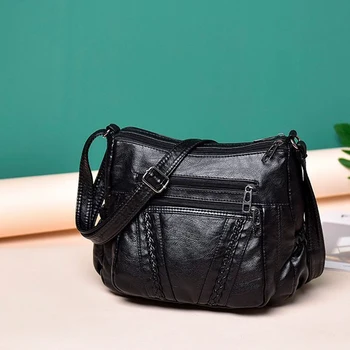 

JHD-Fashion Women Crossbody Bag Black Soft Washed Leather Shoulder Bag Patchwork Messenger Bag Small Flap Bag For Girls Black