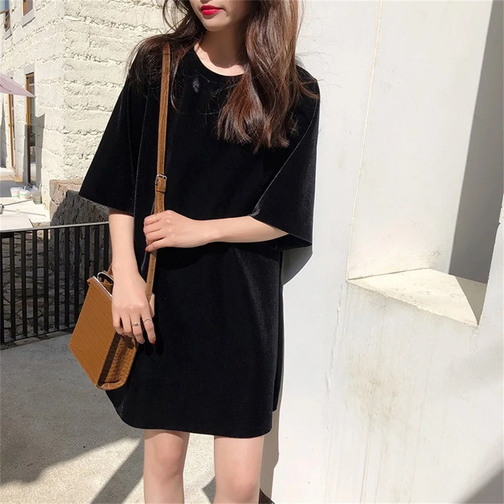 

JAYCOSI 2019 Korean Women Young Girl Half-sleeved Slim dress Loose Pure Black Color casual slim Cotton T-shirt Dress 9318