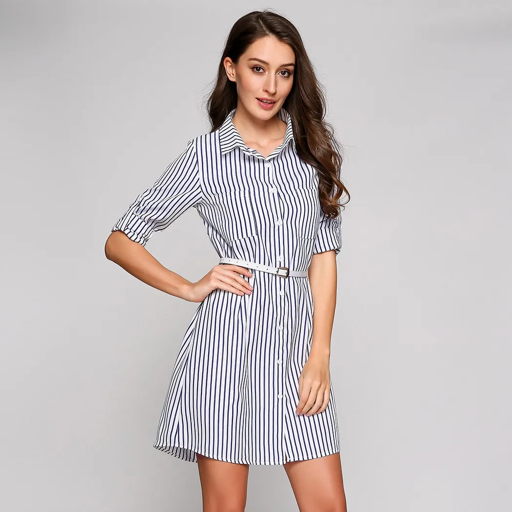 Striped Shirt Dress Women Casual ...