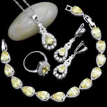 

925 Sterling Silver Jewelry Sets For Women Bright Yellow Cubic Zirconia White Crystal Earrings/Pendant/Necklace/Ring/Bracelet