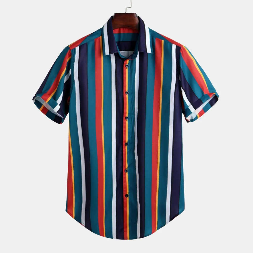 

2019 Hot Selling Popular Style Men's Breathable Stripe Summer Short Sleeve Loose Buttons Casual Shirt Blouse M-3XL
