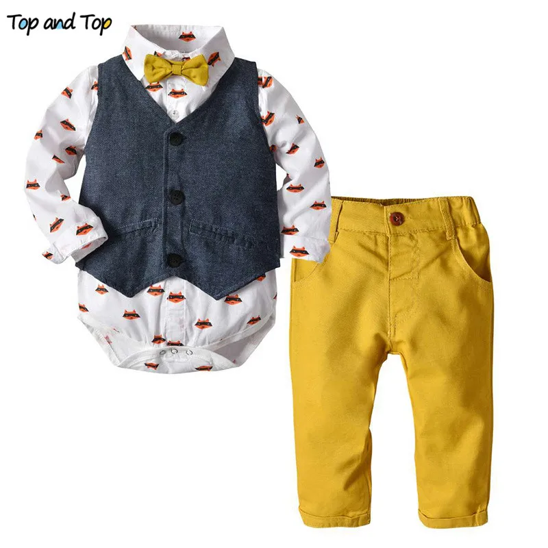 

Top and Top Newborn Boys Clothing Set Cotton Gentleman Cartoon Romper Shirt with Bow Tie++Vest+Trousers Formal Wedding Suit