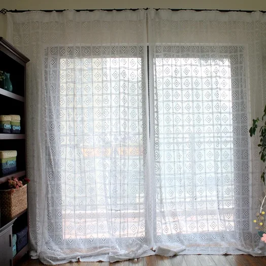 

New Pastoral Style Cotton Thread Cloth Tulle like handmade chochet Hook Hollow Translucidus Beige Curtain Living Room Curtain