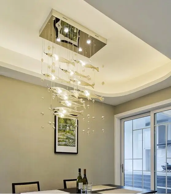 Modern Large Rectangular Fish Chandelier Lighting Champagne Color