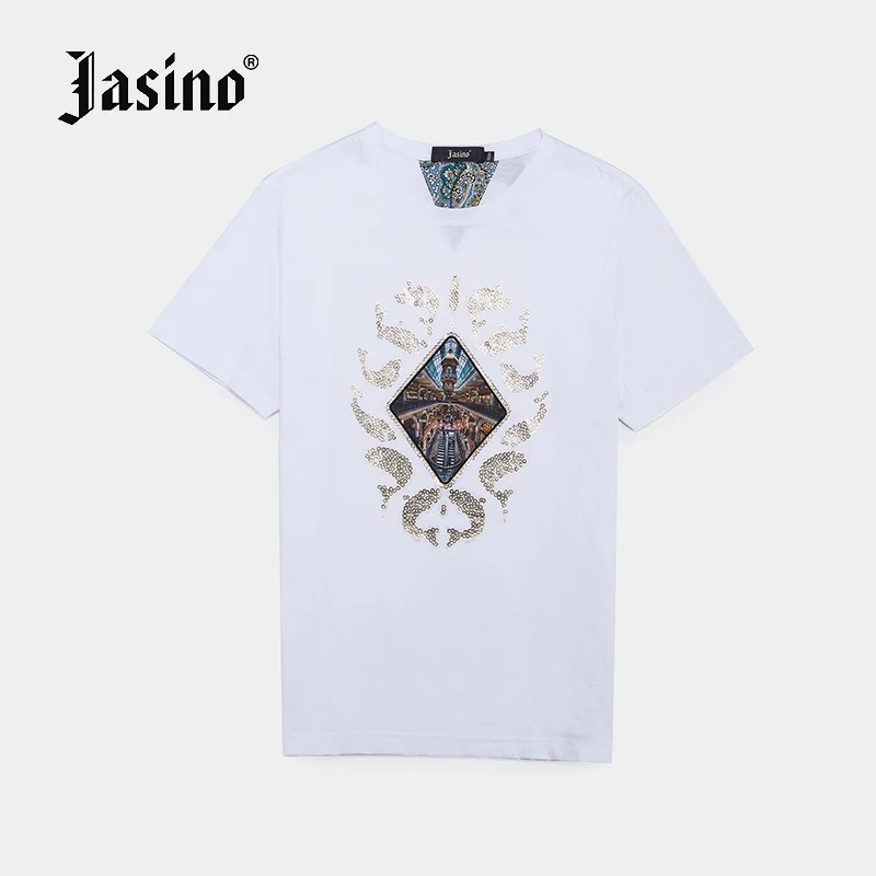 Jasino бренд Для мужчин забавные Футболки летняя белая с круглым вырезом 100% чистого