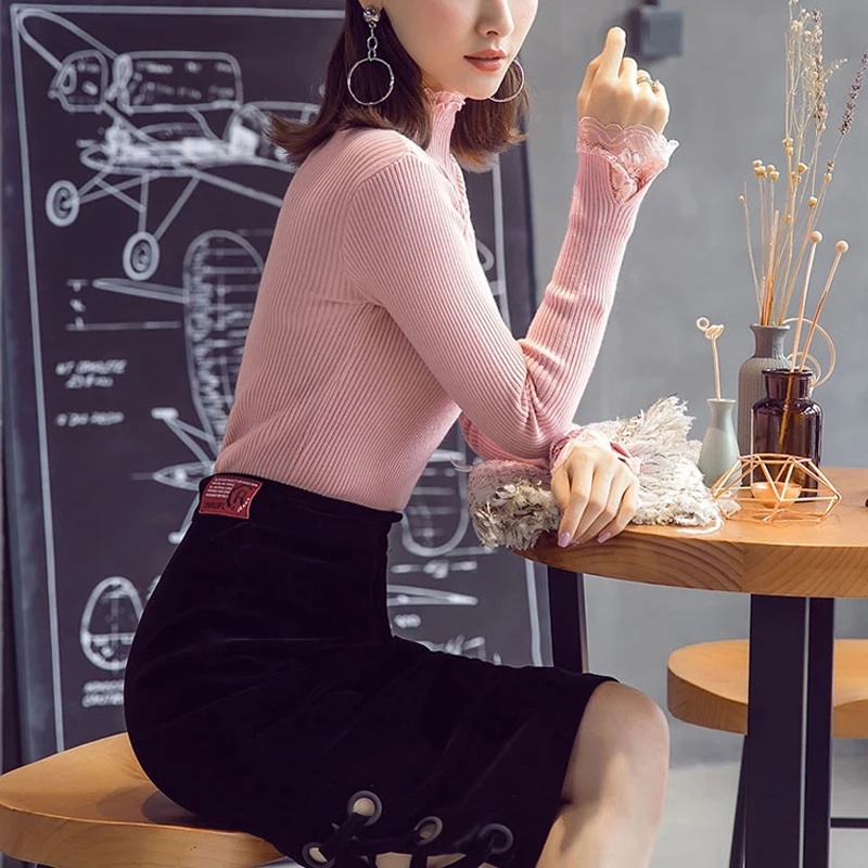 Lace Patchwork Knitted Pullover Women Turtleneck 2018 Autumn Winter Women Sweaters And Pullovers Female Tricot Jumper Pull Femme Sweaters