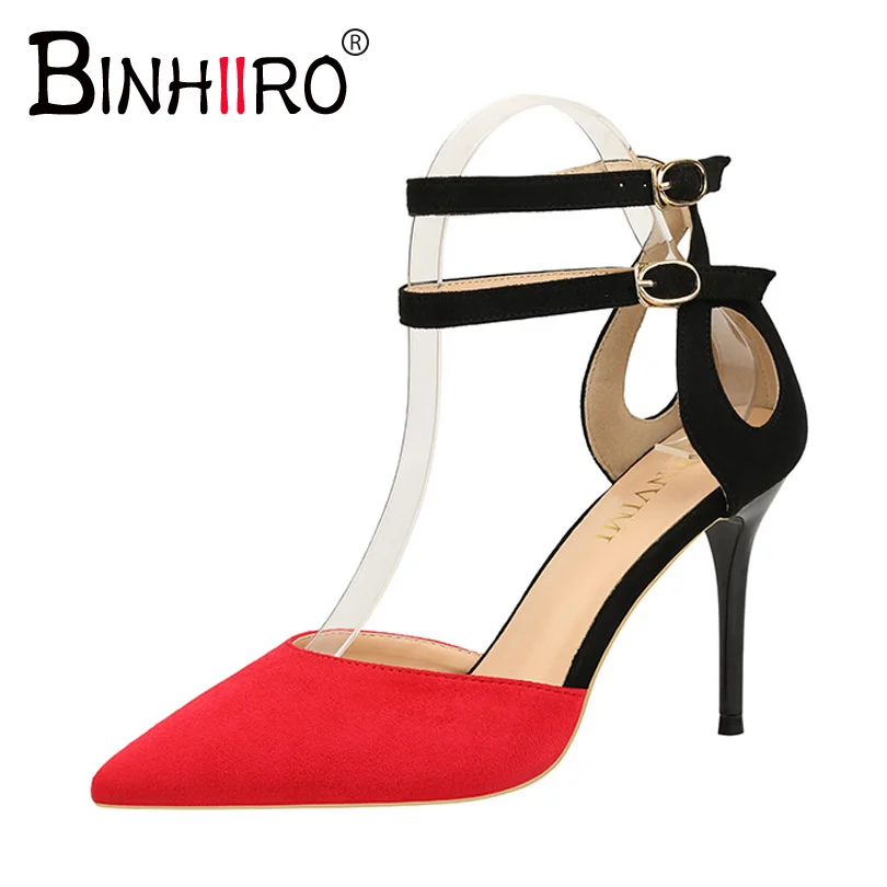 

Summer Women's Pumps Flock Ankle Strap Pointed Toe Heels Party High Heels Black Office Shoes Women 9CM Women's Dress Shoes 2019