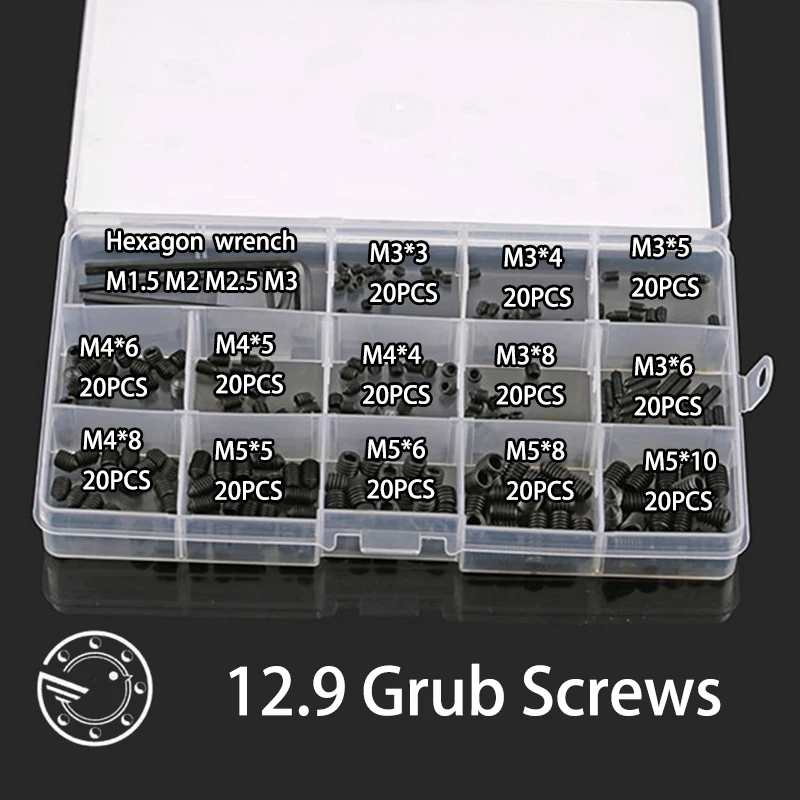 260pcs grub Screws Metric Thread Allen Head Hex Socket Grub Screws