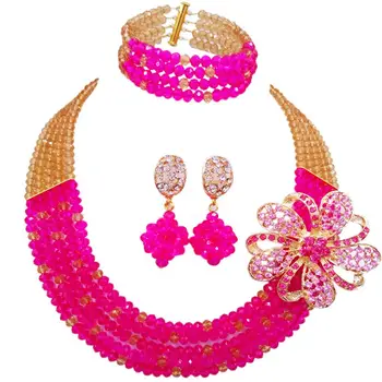 

African Imitation Gold Color Fuchsia Crystal Beads Necklace Sets Girls Anniversary Gift 5C-SZ-16