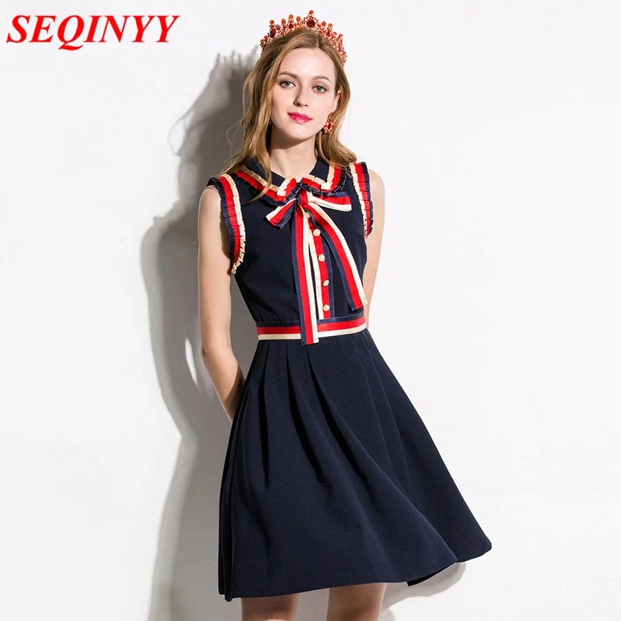 Sweet Girl Mini Dress Women Spring Summer 2017 Sleeveless Tank Ruffles Patchwork Button Bow Black Pink Peter Pan Collar Dress