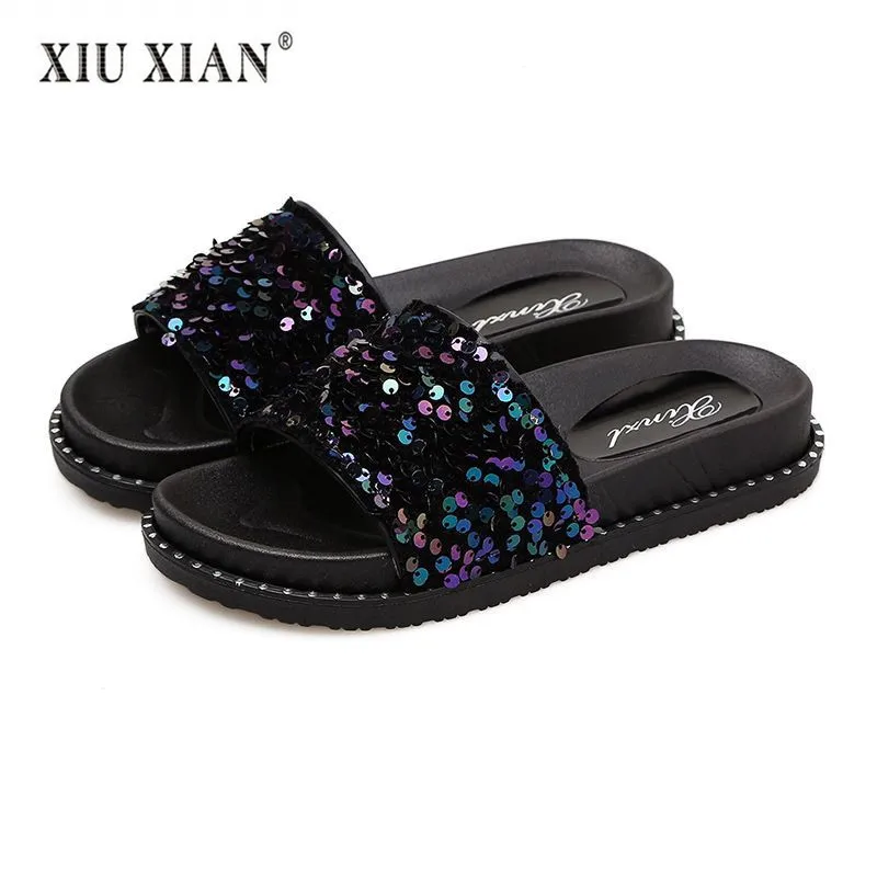 2018 г. новое поступление пикантные женские шлепанцы с блестками большие размеры