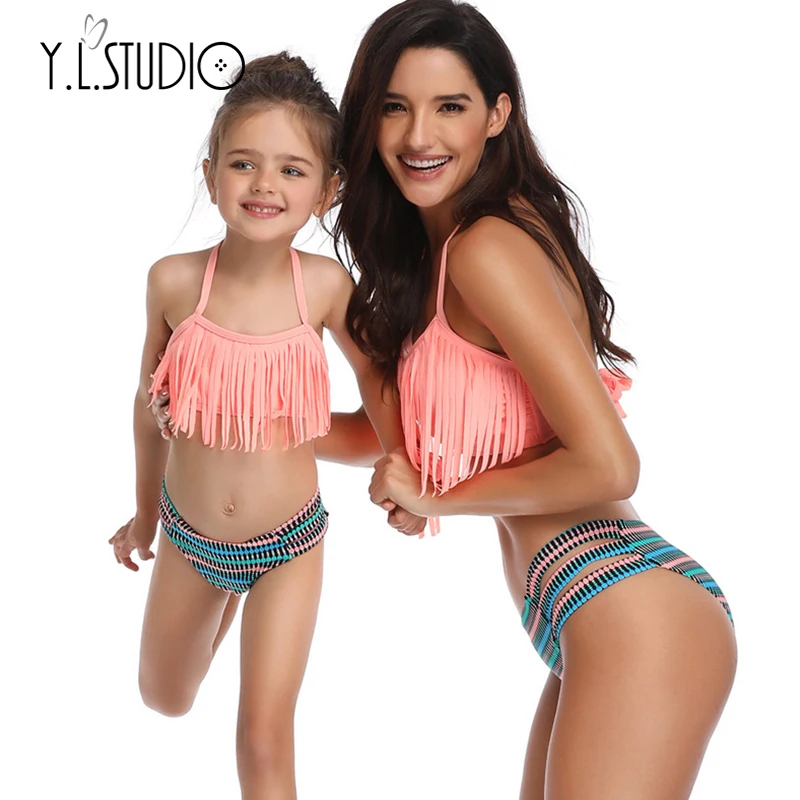 

Family Matching Outfits Mother Daughter Swimsuits Mommy and Me Swimwear Stripe Bikini Family Look Tassel Daughter Bathing Suit