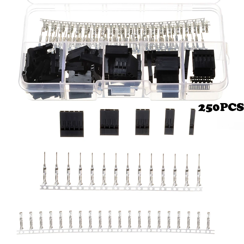 

250PCS/BOX 2.54MM 1/2/3/4/5 Pin Dupont Electrical Wire Cable Jumper Connectors Male Female Pin Header Housing Crimp Terminal Kit