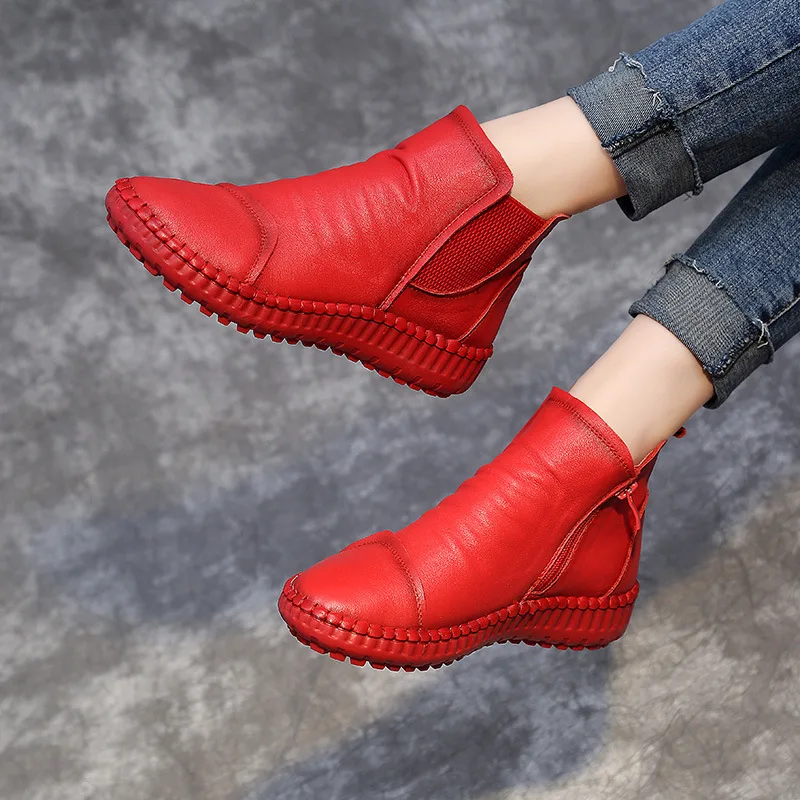 

winter 2018 women's shoes winter plus velvet leather women's boots handmade boots women's flat-bottomed casual soft-soled boots