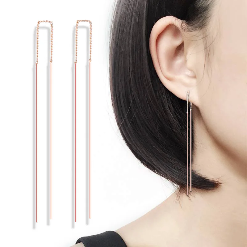 Double Fair Simple Strip Bar Long Chain Drop Dangle Earrings Rose Gold Color For Women DFE789 dangle earrings drop earrings long earrings