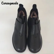 Careaymade-New 2017 winter wool boots,Hook head layer cowhide flat heel short boots,Black leather boots,Women’s casual boots