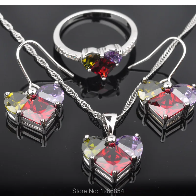 

Lovely Multicolor Cubic Zircon Silver Jewelry Sets For Women Earrings/Pendant/Necklace/Rings Free Shipping JS0149
