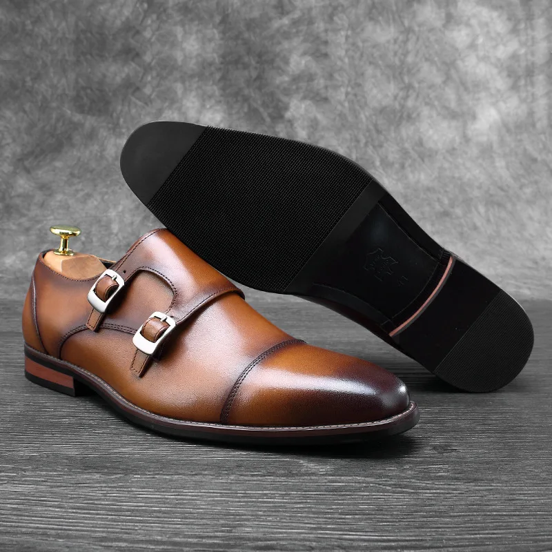 QYFCIOUFU Mens Double Monk Strap Classic Genuine Leather Dress Shoes Mens Suit Shoes High Quality Classic Elegant Shoes New