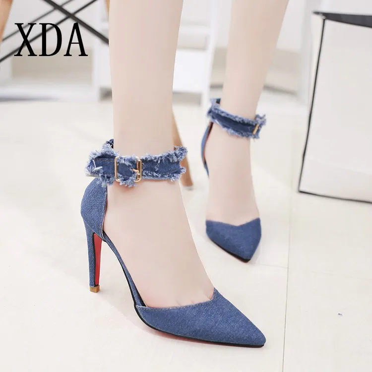 

XDA 2019 Fashion Solid Denim high Heel sandals Pointed Toe Hasp pump shoes sexy summer Roman ladies sandals Size 35-40 D94