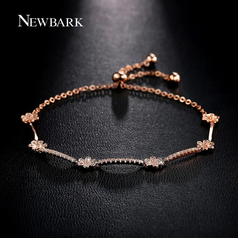 

NEWBARK Rose Gold Color with Charm Romantic Rhinestone Flower Chain Bracelets Paved Tiny Cubic Zirconia Beautiful Flower Jewelry