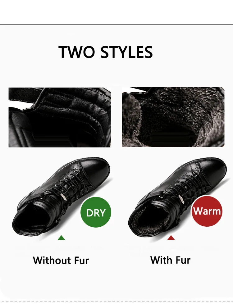 JUNJARM Warm Fur Winter Boots Genuine Leather Handmade Comfortable Men Snow Boots Fashion Motorcycle Men Boots Size 38-48