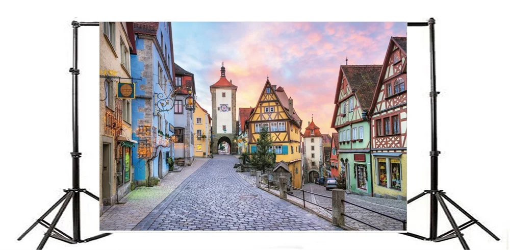 Laeacco Town Houses Streets Arch Door Photography Backgrounds Digital Customized Photographic Backdrops For Photo Studio