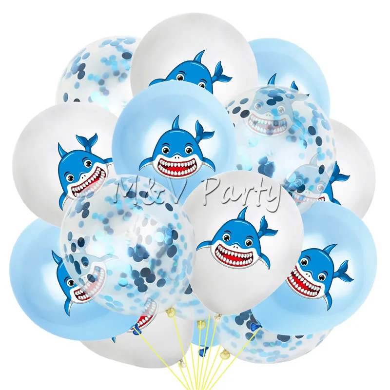 15 шт./лот, латексный воздушный шар с изображением акулы из мультфильма, Набор детских игрушек, Детские воздушные шары на день рождения, вечерние украшения - Цвет: blue confetti