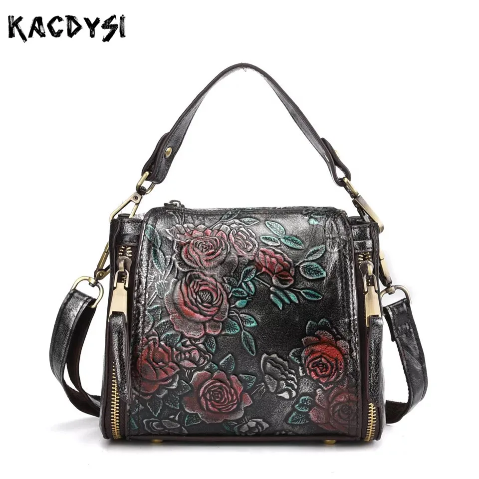 

Genuine Leather Retro Small Womens Bag Embossed Cowhide Cross Shoulder Bags Ladies Messenger Bag Flower Pattern Handbag Tote Bag