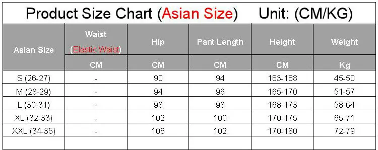 Mens Jogger Pants Size Chart