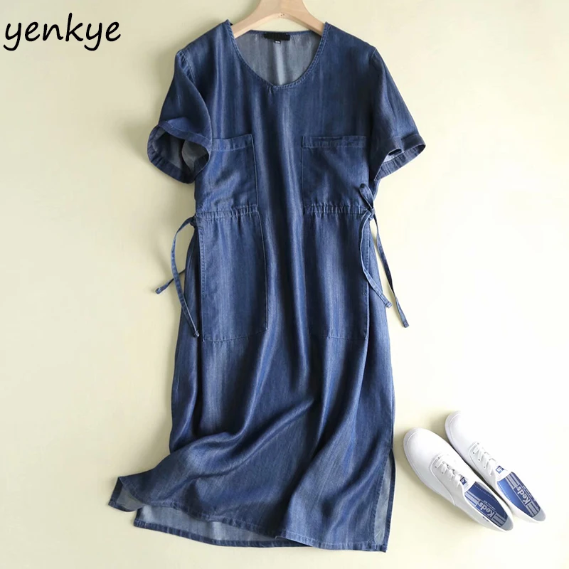 

Summer Dress 2019 Women Vintage Blue Tencel Denim Dress Lady V Neck Short Sleeve Drawstring Waist Casual Plus Size Dress