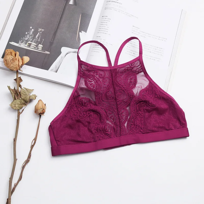 

Fashion Sexy Bras Tops Adjustable Strape Nylon Women Lingerie Comfortable Lace Bralette Ultra Thin High Neck Ladies Underwear