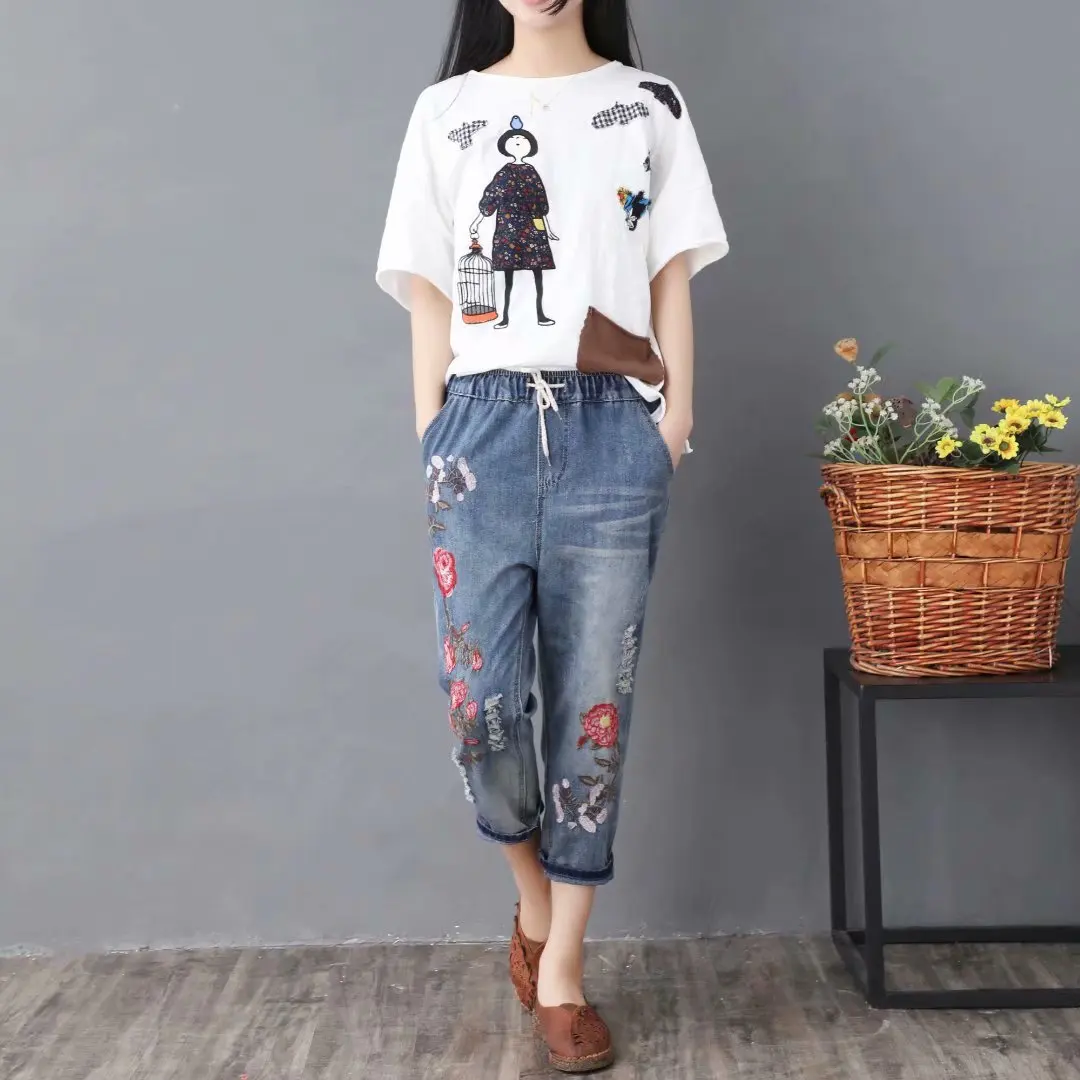 Ladies Loose Embroidered Flower Mom Jeans Woman 2018 Summer Female Boyfriend Jeans for Women Clothes Denim Pants Jeans