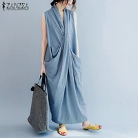 ZANZEA Oversize Asymmetrical Maxi Dress Women's Summer 2025 Holiday Sundress Female V Neck Draped Vestidos Rayon Robes Femme