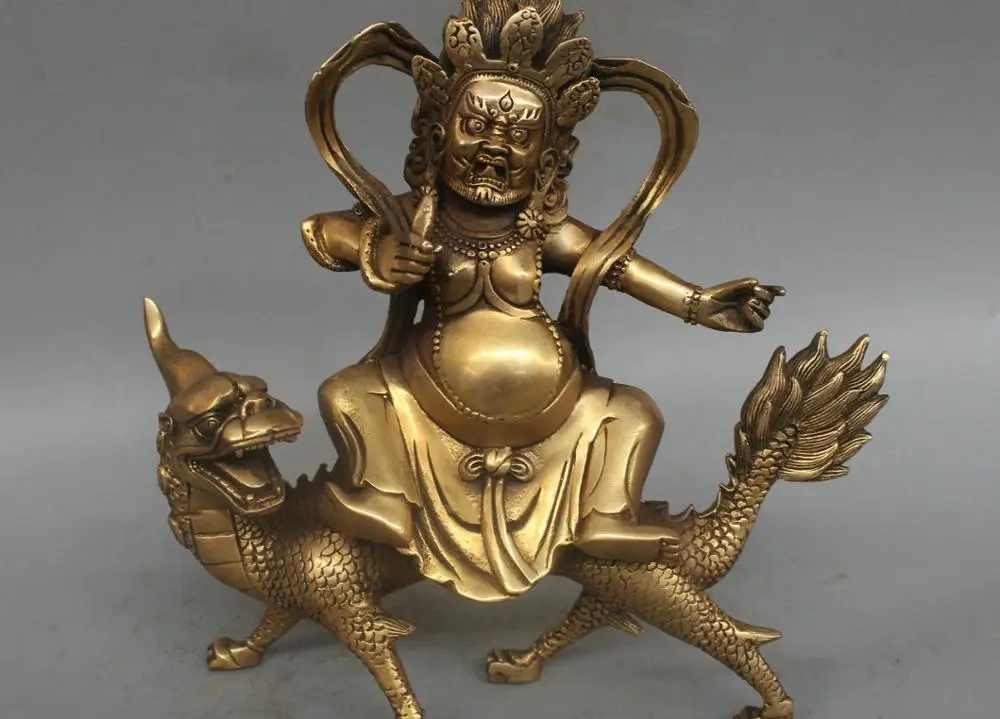 

8'' China Tibet White Jambhala Buddha Ride Dragon Bronze Statue