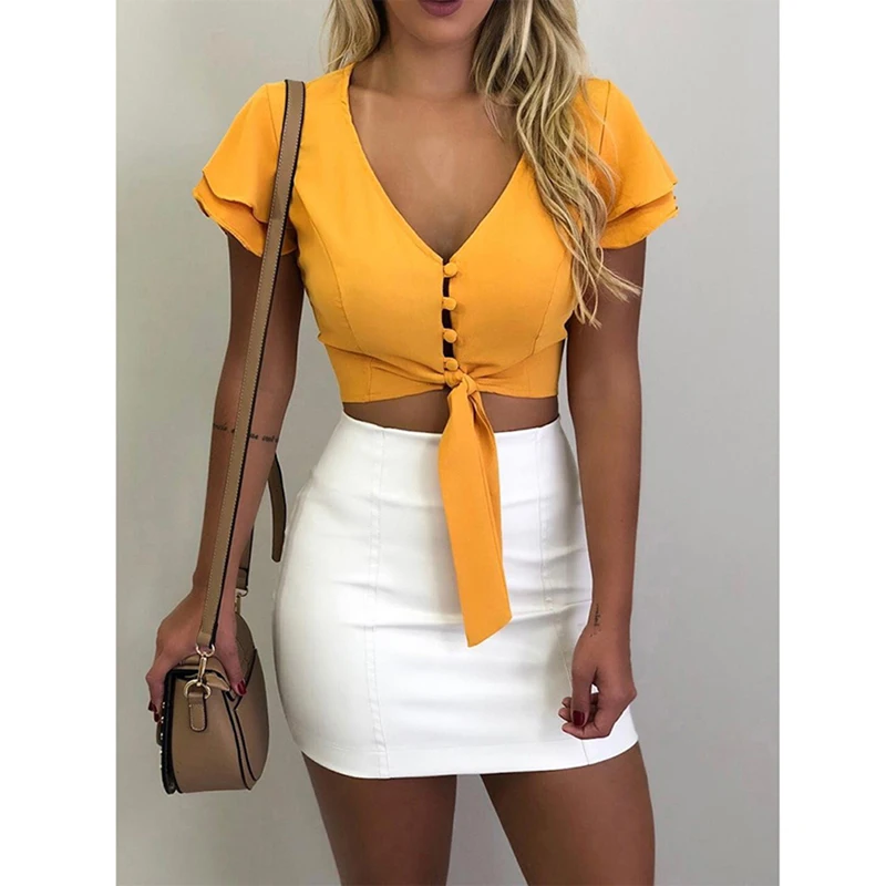 

Bigsweety Summer Style Women Ruffle Sleeve V-Neck Slim Fitted Shirts Casual Office Lady Pure Color Blouse Tops Tees