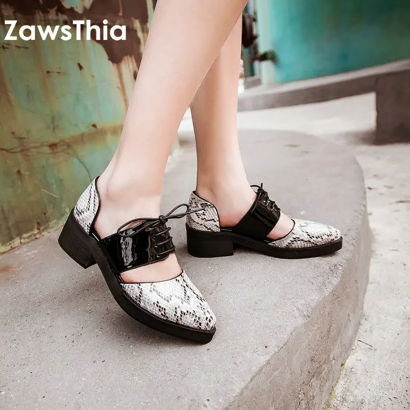 

ZawsThia snake print pattern pointed toe lace up woman shoes fashion mary janes square med heels women shoes big size 45 46 47