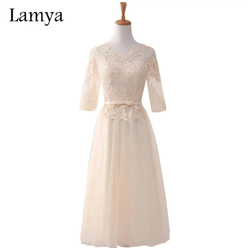 

LAMYA Princess Elegant Lace Tea Lenght A Line Evening Dresses With Sleeve 2019 Evening Party Dress Women Special Occasion Gowns