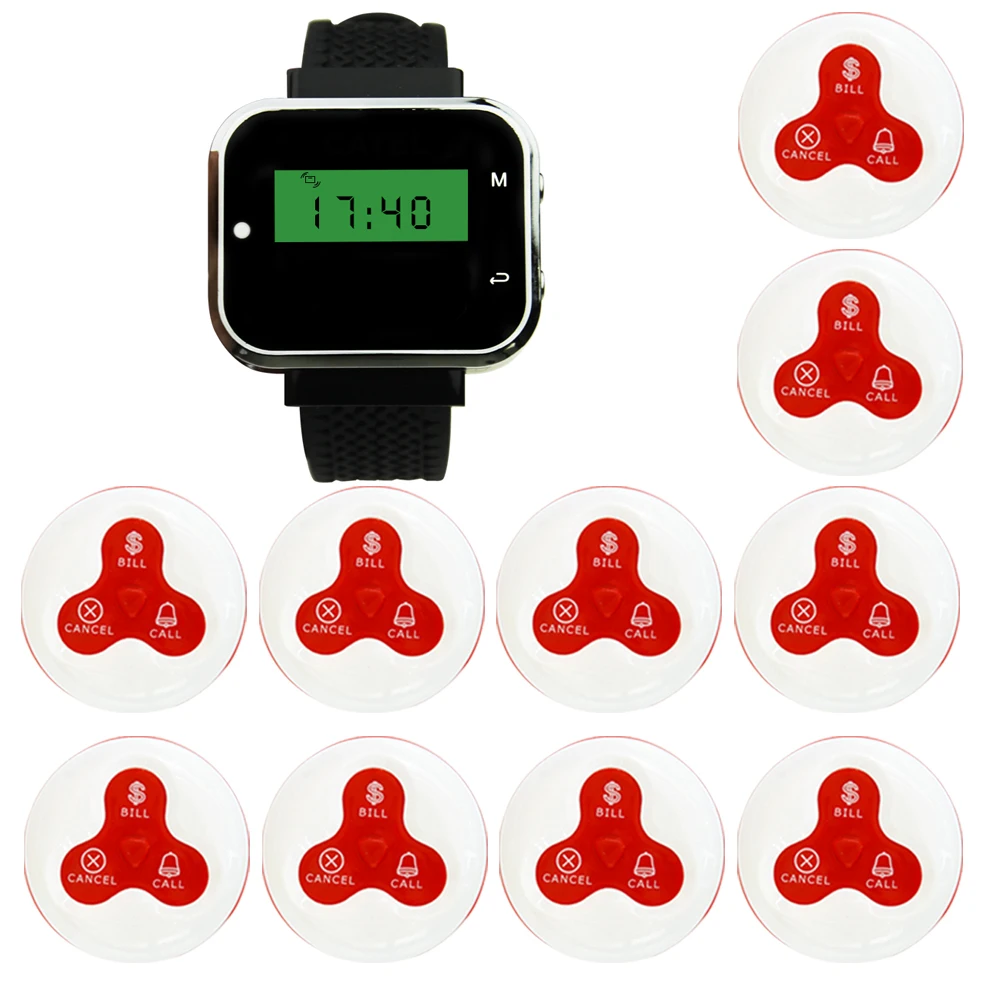 

JINGLE BELLS Paging System Pager System 1 Watch Receiver+10 Call button Wireless Waiter Calling System For cafe Restaurant