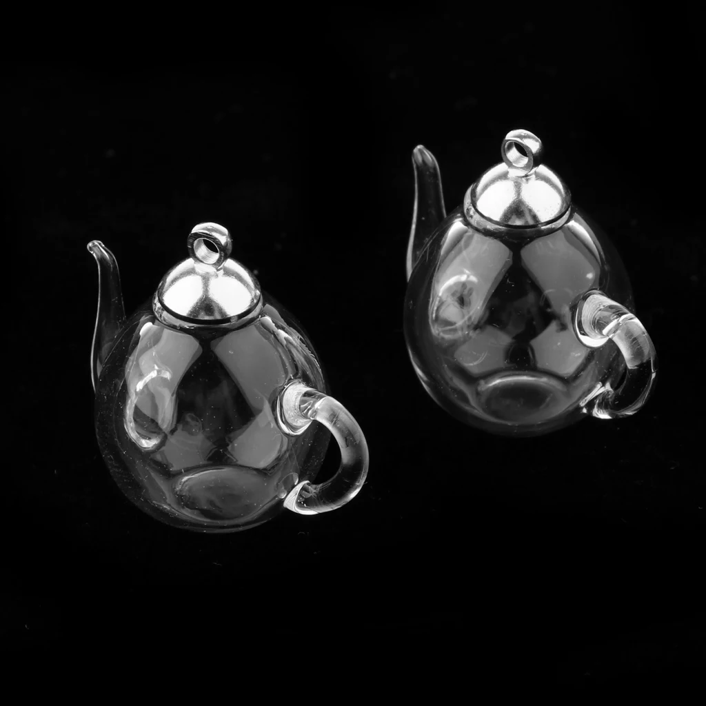 2Pcs Mini Teapot Empty Glass Wishing Cap Bottles Vial Pendant Charms Craft DIY