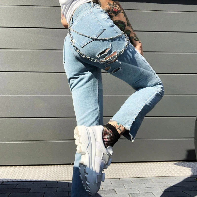 Женские прямые джинсы с металлической цепочкой для подиума, с высокой талией, с эффектом пуш-ап, джинсовые рваные штаны, укороченные, в стиле хип-хоп, Harajuku, зимние