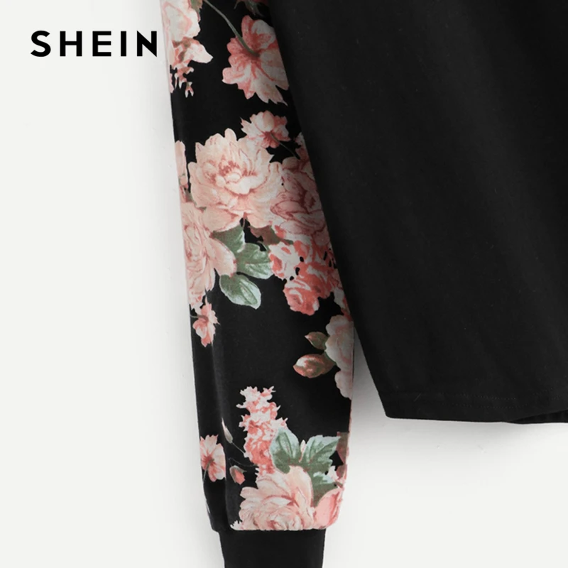 SHEIN/детская черная Повседневная футболка с цветочным принтом для девочек; одежда для детей; коллекция года; сезон весна; модные детские футболки с длинными рукавами; топы для девочек