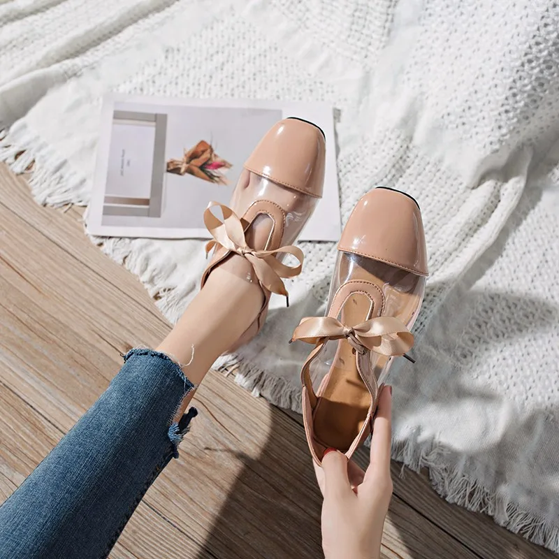 

Kjstyrka 2018 New designer Korean Style Ladies Casual Shoes PVC Ribbon Lace Up Low Heel Leisure Pumps Chaussures Femme black