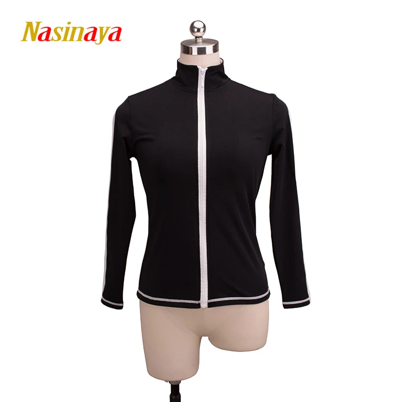 

Customized Costume Ice Figure Skating Tops Jacket Gymnastics Black White Velvet Warm Fleece Adult Child Girl Sleeve Wide Stripe